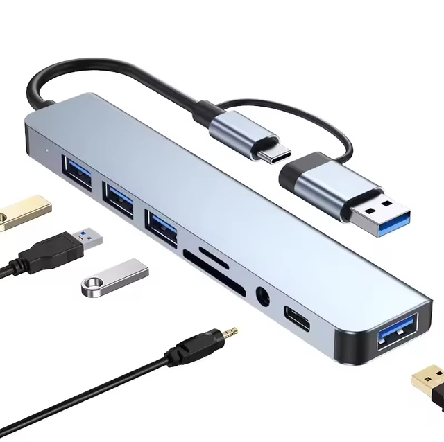 8-in-1 USB Multiport Hub with TYPE-C Dock Supports TF/PD Reading 3.5mm Audio Interface USB 3.5 Audio Dock for Computers