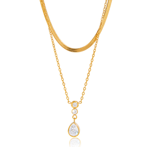 Collana JD Moderna a Doppio Strato con Catena a Maglie e a Lama Placcata in Oro 18K con Pendente a Goccia in Zirconia - Product Image 6