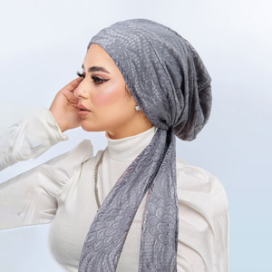Gorro Turbante <span class=keywords><strong>de</strong></span> Doble Capa con Encaje y Cola Larga para <span class=keywords><strong>Mujer</strong></span>, Pañuelo Elástico <span class=keywords><strong>de</strong></span> Color Sólido y Gorro Interior para Hiyab con Lazos Ajustables - Product Image 1
