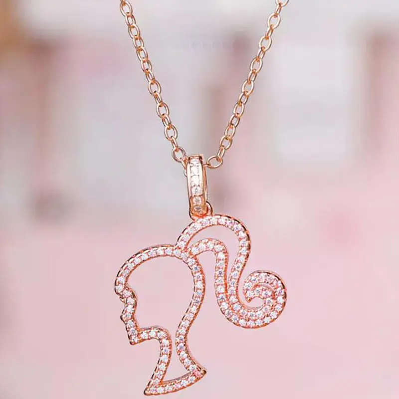 Classic Full Zircon Necklace Women Clothes Matching Hollowed Out Barbie Head Pendant Rose Gold Alloy Necklace