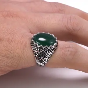 Cincin Hitam Perak Murni 925 untuk Pria, Perhiasan Cincin Turki Bunga Antik Retro dengan Batu Perhiasan Turki