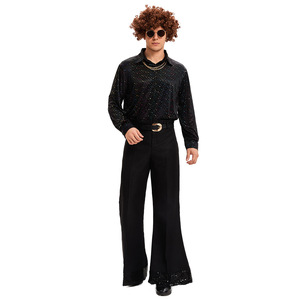 Costume de scène rétro disco pour homme Yi Xiaoyi, style années 1970, ensemble pantalon évasé et chemise à paillettes noires pour adulte - Product Image 2