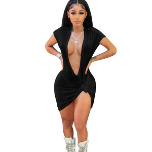 Fabricantes de ropa de mujer <span class=keywords><strong>2022</strong></span> Mini vestido liso con cuello en V profundo logotipo personalizado vestido de verano Color sólido moda Sexy vestido - Product Image 5