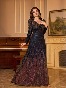 <span class=keywords><strong>Vestido</strong></span> de noche elegante de alta gama para mujer, con textura, cuello en V, manga larga estilo <span class=keywords><strong>princesa</strong></span>, ajustado, brillante, con lentejuelas, <span class=keywords><strong>corte</strong></span> en A, formal, largo. - Product Image 6