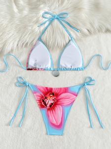 Conjunto de Bikini de Dos Piezas de Moda Femenina Europea y Americana Transfronteriza 2025, Sexy, con Tirantes Cruzados, Espalda Descubierta, Encaje y Chifón con Diseño de Flor de Hibisco - Product Image 5