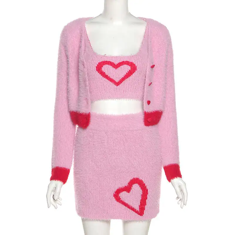Conjunto de 3 peças de suéter de malha com coração rosa, mini saia sexy y2k, cardigã de cor rosa, roupa personalizada para mulheres