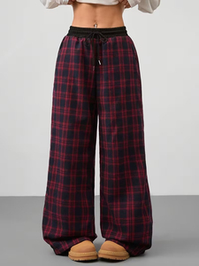 Pantalones de mujer personalizados de cintura alta, holgados, de pierna ancha, con estampado a cuadros negros vintage, tejidos, informales, estilo streetwear - Product Image 3
