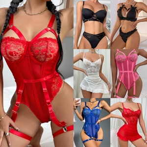 Conjunto de lencería sexy transpirable para mujer con tirantes de encaje de malla, lazo y control de luz, bordado 3D, venta al por mayor, novedad - Product Image 6