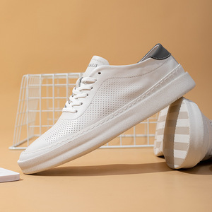 Pure White Soft Leather Lace Up Sneakers Thick Platform Skate Shoes Full Perforated Breathable Upper Gray Contrast <b>Heel</b> Patch - Product Image 1