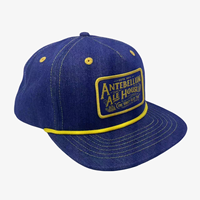 Tela vaquera personalizada auditada por SGS, modelo de marco A, gorra SnapBack de 5 paneles con parches de borde merrow