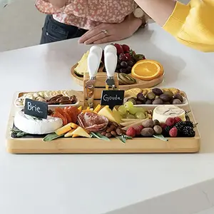 Set papan keju bambu, dengan Slide-Out magnetik laci Set piring Charcuterie dengan mangkuk keramik dan pisau peralatan makan