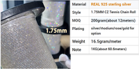 Chaîne Tennis en Argent Sterling 925 Semi-Finie Transparente de 1,75 mm avec Zircons Cubiques (CZ) – Prix de Gros par Rouleau pour la Fabrication de Bracelets et Colliers Tennis