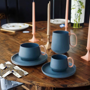 Precios de fábrica, tazas de café de porcelana esmaltada mate hechas a mano europeas, platillo de <span class=keywords><strong>taza</strong></span> de té de Color azul - Product Image 3