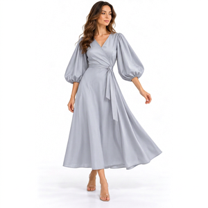 Elegante Vestido Casual Cruzado de Algodón Liso con Cuello en V, Manga Abullonada Tres Cuartos, Volantes, Cintura con Cinturón, Falda Acampanada Transpirable, Corte en A - Product Image 1