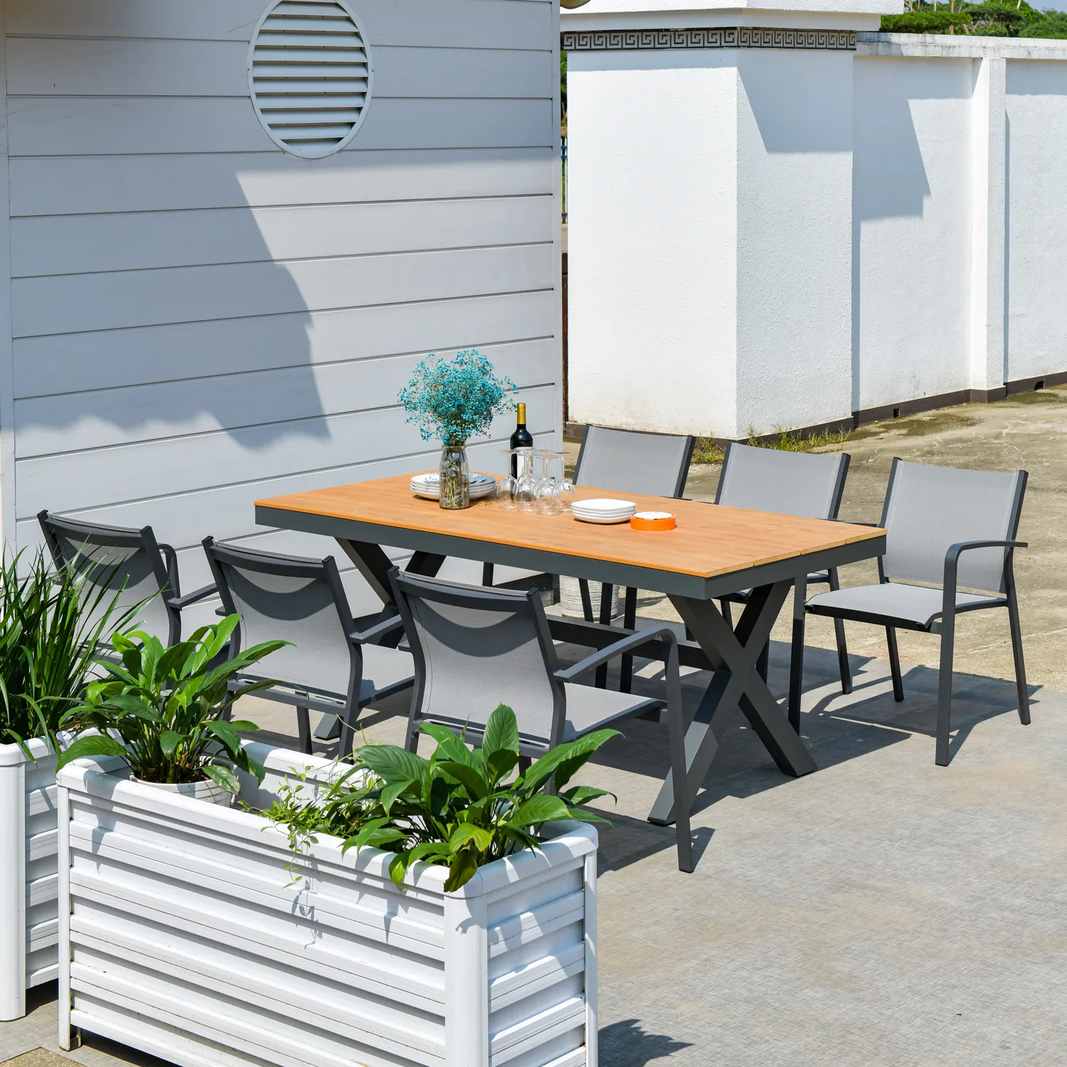 Koolstofgrijze 180 Cm Outdoor Patio Tafel Sets 4 Personen Vrije Tijd Tuinmeubilair Touw Rotan Stoelen Waterdicht Groothandel