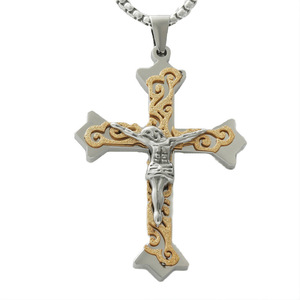 yunnique Men's Two Tone Gold And Silver Cross Pendant With Jesus Christ Design For Everyday Wear Stainless Steel Necklace 120177 - Product Image 1