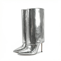 Bottines d'hiver à bout pointu et à mollet large pour femmes Bottes de requin repliées en PU noir pour tenues élégantes