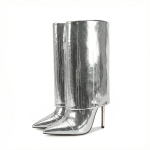 Bottines d'hiver à bout pointu et à <span class=keywords><strong>mollet</strong></span> <span class=keywords><strong>large</strong></span> pour femmes <span class=keywords><strong>Bottes</strong></span> de requin repliées en PU noir pour tenues élégantes - Product Image 3