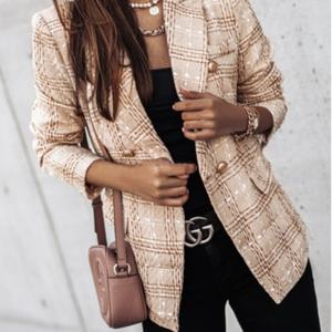 Blazer DE MODA PARA MUJER DE Otoño Invierno americano europeo, Traje a cuadros estampado cruzado Popular de manga larga con doble botonadura - Product Image 3