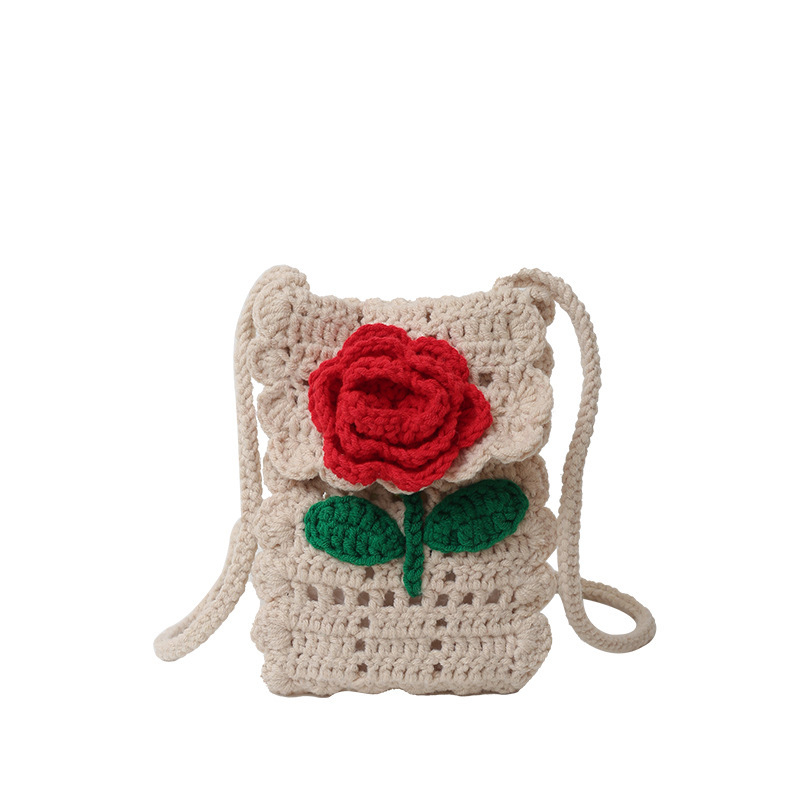 Knitted Phone Crossbody Bag - Exquisite Flower Pattern Purse With Shoulder Strap, Pink/Blue - View #3