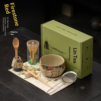 Ensemble complet de 8 pièces pour matcha en céramique Dehua, style chinois moderne, avec glaçure bleu et blanc et accents rouge fer, comprenant bol à thé, fouet et agitateur