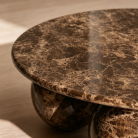 Table basse circulaire moderne en marbre brun naturel personnalisé, base sphérique polie, mobilier d'intérieur de luxe écologique