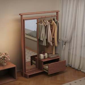 Perchero Moderno de Madera Maciza con Espejo y Estantes, Mueble de Almacenamiento Independiente para Dormitorio o Sala de Estar - Product Image 1