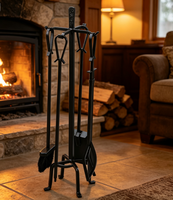 Ensemble d'outils de cheminée en fer forgé robuste, revêtement noir en poudre, kit d'outils pour foyer, support pour cheminée intérieure et foyer extérieur