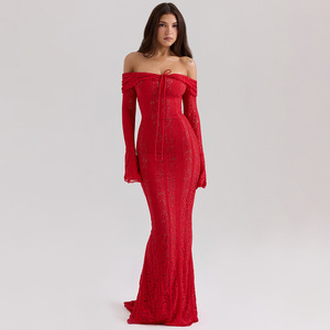 Robe longue moulante en dentelle à épaules dénudées, taille haute, dos nu, robe de soirée, couleur unie, tissu polyester - Product Image 3
