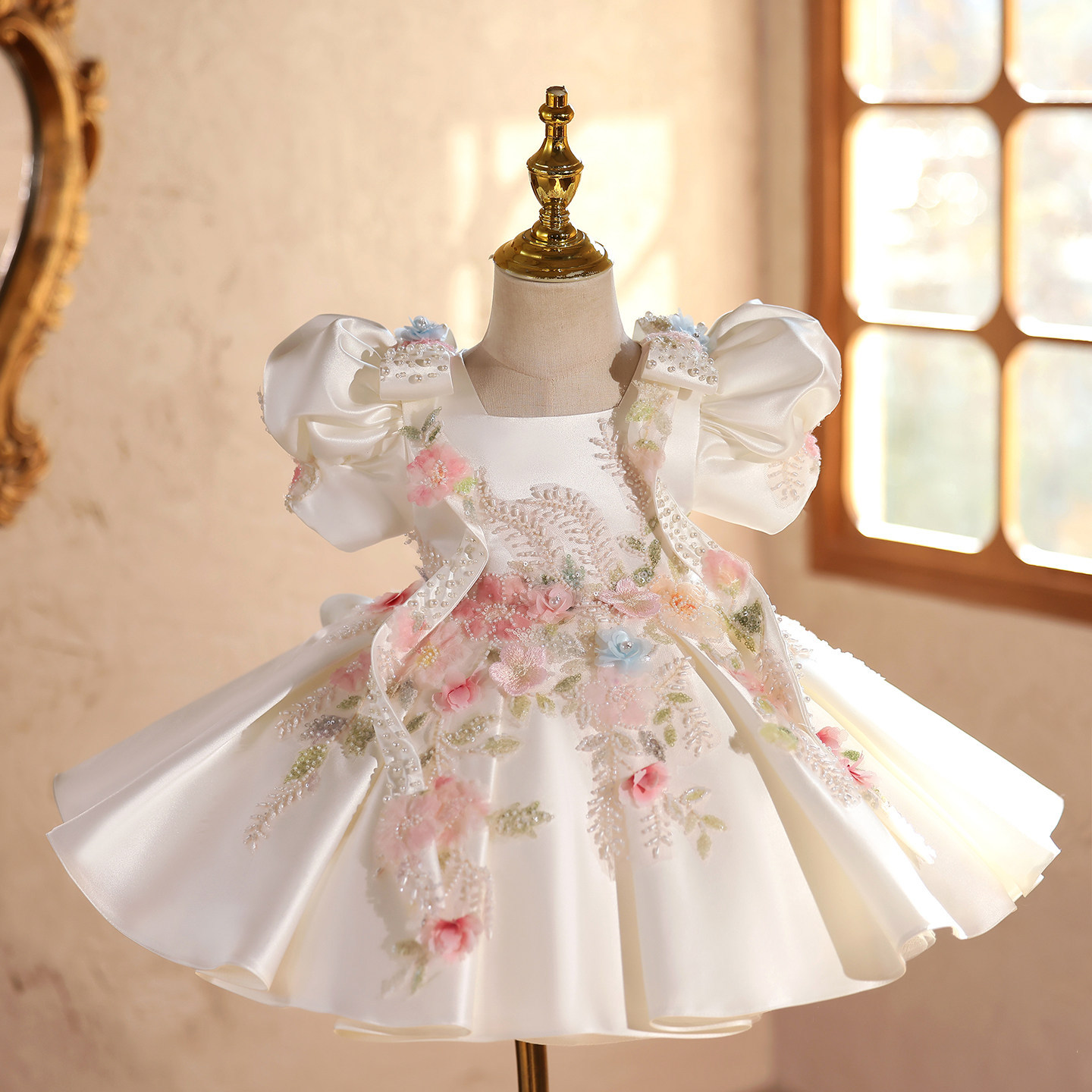 open lace back dress Baby Girl Dress Little Girl Vintage Long Sleeve Lolita Fluffy Party Princess Dress, Wine Red / 0-1 Year (80cm) main image 0