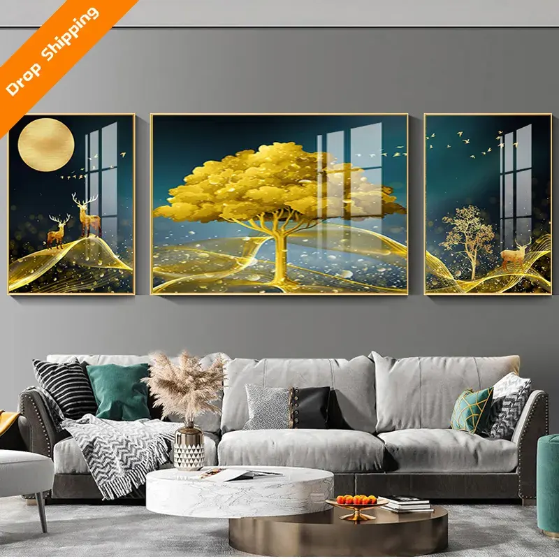 Factory Modern Abstract Three Golden Tree Home Landscape Paintings Decoration Crystal Porcelain Painting for Living Room