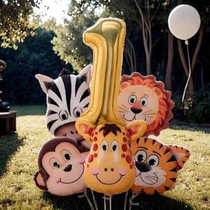 赤ちゃんの最初の誕生日のためのジャングル動物ホイルバルーンセットシマウマトラキリンナンバー1ヘリウムマイラーラテックスバッグ装飾用