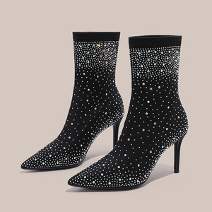 Botines Cortos de Tacón Alto con Estampado de Estrellas para Mujer, Otoño Invierno, Punta Puntiaguda, Tacón de Aguja, Botas Ajustadas que Aumentan la Estatura - Product Image 1