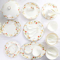 Service de table en porcelaine fine, motif végétal, compatible micro-ondes, style pastoral chinois, bols, assiettes et plats