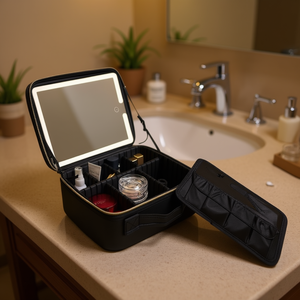 Trousse de Maquillage Professionnelle Portable Grande Capacité avec Sangle et Fermeture Éclair, Rangement Cosmétique Moderne en Microfibre Synthétique Noire - Product Image 2