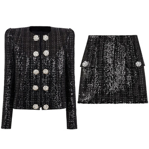 2025 <span class=keywords><strong>vestiti</strong></span> da donna alla moda Blazer nero a due pezzi con bottoni di strass con paillettes giacca a maniche lunghe e minigonna di Tweed Set - Product Image 3