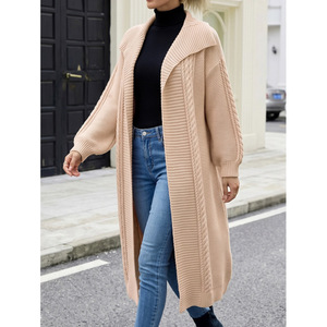 <span class=keywords><strong>Cardigan</strong></span> long décontracté en maille torsadée pour <span class=keywords><strong>femme</strong></span>, col à revers, coupe oversize, devant ouvert, style manteau - Product Image 3