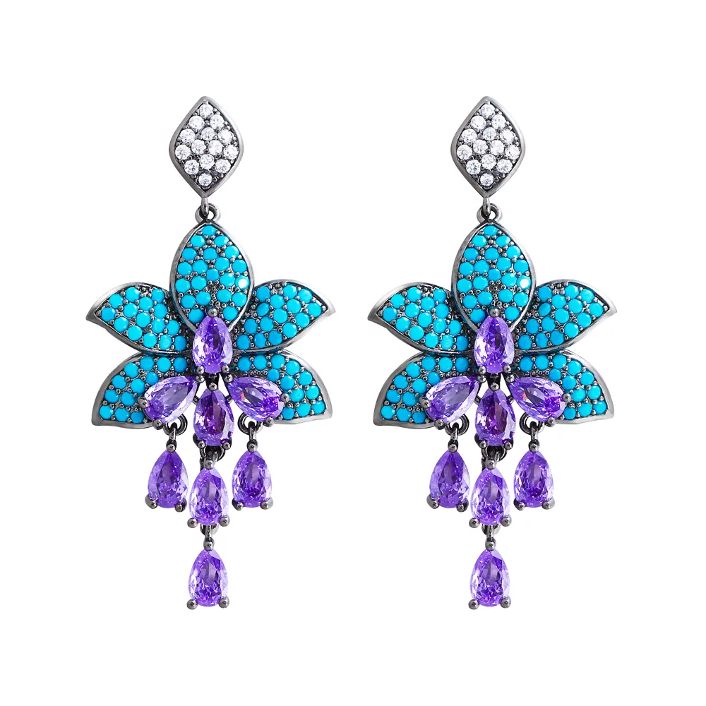Women Exotic Flower Drop Earrings Cubic Zircon Tassel Fringe Dangle Blue Turquoise Stone Earring Black Gold Plated Party Jewelry