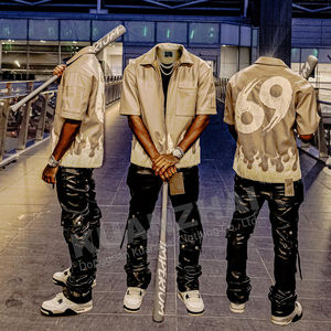 Produttore di Streetwear logo personalizzato estivo con Zip <span class=keywords><strong>giacca</strong></span> da lavoro con toppa ricamata camicie in <span class=keywords><strong>pelle</strong></span> squadrata da uomo - Product Image 3
