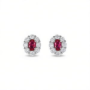 Orecchini a perno rossi E3037 da donna, classici a forma di fiore con montatura a griffe, diamante rotondo taglio brillante, pietra principale rossa, gioielli raffinati - Product Image 1