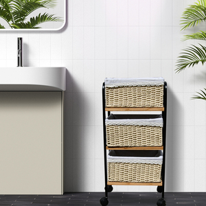 Bamboo Wood <b>Free</b> <b>Standing</b> <b>Shelf</b> Rolling Cart with Rattan Storage Box for Living Room,Bathroom, <b>Kitchen</b> - Product Image 2