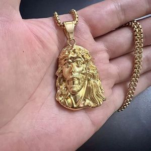 yunnique <b>Titanium</b> Steel Gold Jesus Face Pendant Necklace 3mm <b>Chain</b> 60cm Unisex Hip Hop Jewelry Gift - Product Image 4
