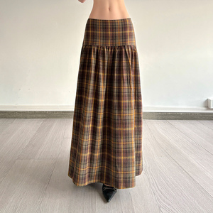 Plaid Contrast Color Cotton a Line Maxi Skirt Natural Waist Summer Casual Preppy College Style Flared Hem Breathable - Product Image 4