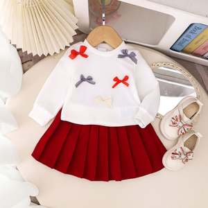 Conjunto <span class=keywords><strong>de</strong></span> Ropa para Niñas, Primavera, Blusa Blanca <span class=keywords><strong>de</strong></span> Manga Larga con Lazo, Falda Plisada Roja Vino, Dulce <span class=keywords><strong>y</strong></span> Lindo - Product Image 2