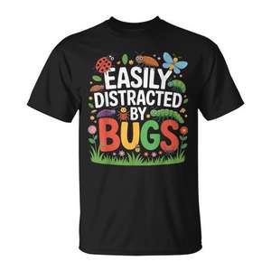 T-shirt « Facilement distrait par les insectes » avec motif sur le thème des insectes, design graphique, taille adulte unisexe - Product Image 1