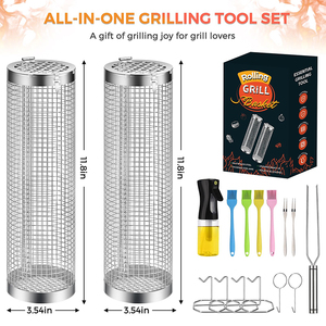 Factory Sales Outdoor Kitchen <b>Tool</b>-304 Stainless Steel BBQ Cylindrical Grill Barbecue Net Basket Cage for Picnic - Product Image 5