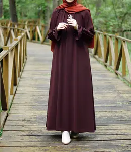 Flared आस्तीन जेब क्रू गर्दन शिफॉन मुस्लिम Abaya लंबी आस्तीन मैक्सी पोशाक के लिए महिलाओं Abaya दुबई तुर्की मुस्लिम फैशन पोशाक