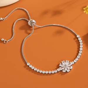 Flower Shape <b>Copper</b> Alloy <b>Bracelet</b> Gold And White Channel Setting Stretchable Jewelry For Women - Product Image 2