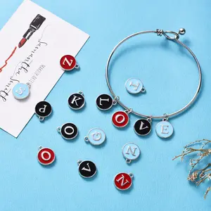 Wholesale Price Custom Round Letter Charms Double-sided Enamel Initials Alphabet Charms For DIYJewelry Bracelet Making