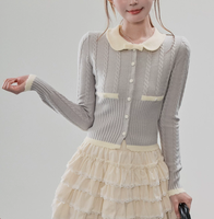 Cardigan en tricot pour femme, style français, col Claudine contrastant, fabrication artisanale de qualité